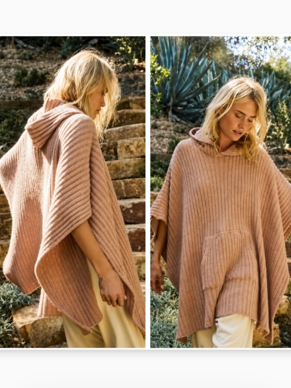 Free People Cozy Hooded Ribbed Cocoon Poncho Wrap Cardigan Taupe Oversized
